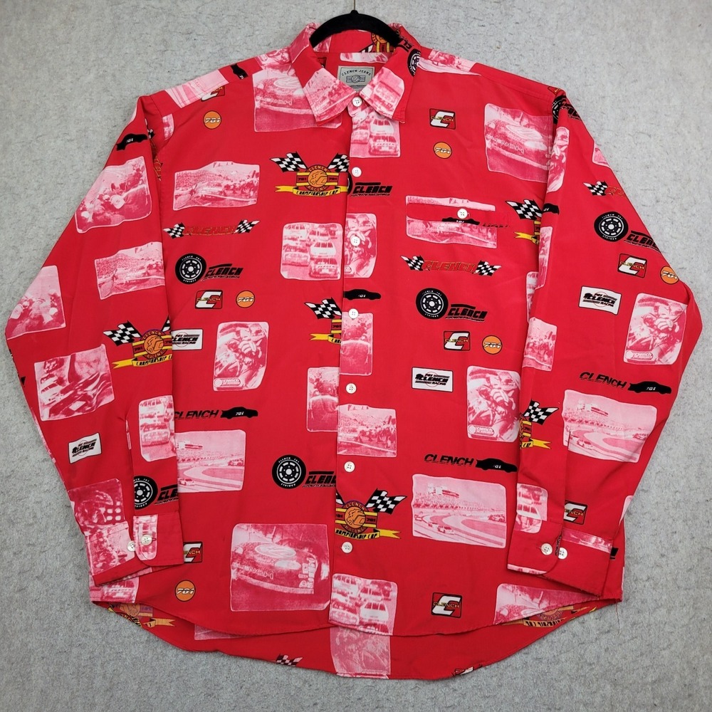 Vintage Clench 701 Jeans Men L Red Allover Print Racing Shirt Button Long Sleeve